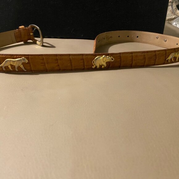 Leather Belt Tan Camel Brown 34 Small Vintage Animal Elephant Lion Metal Accent - Picture 11 of 13